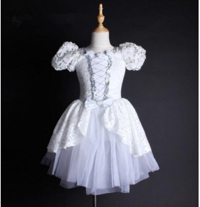 White lace patchwork girls kids children short sleeves competition professional swan lake leotard tutu skirt ballet dancewear dresses 